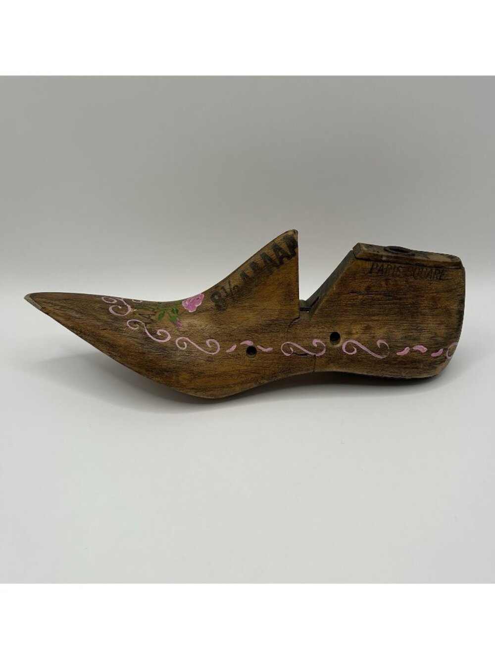 Vintage Wood Shoe Last Mold Pointed Toe 8.5 A Paris Square Hand Painted Floral